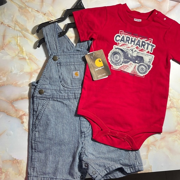 NWT Baby Boy Carhartt Red/Denim Shorts Overalls 2pc Set - Picture 1 of 2